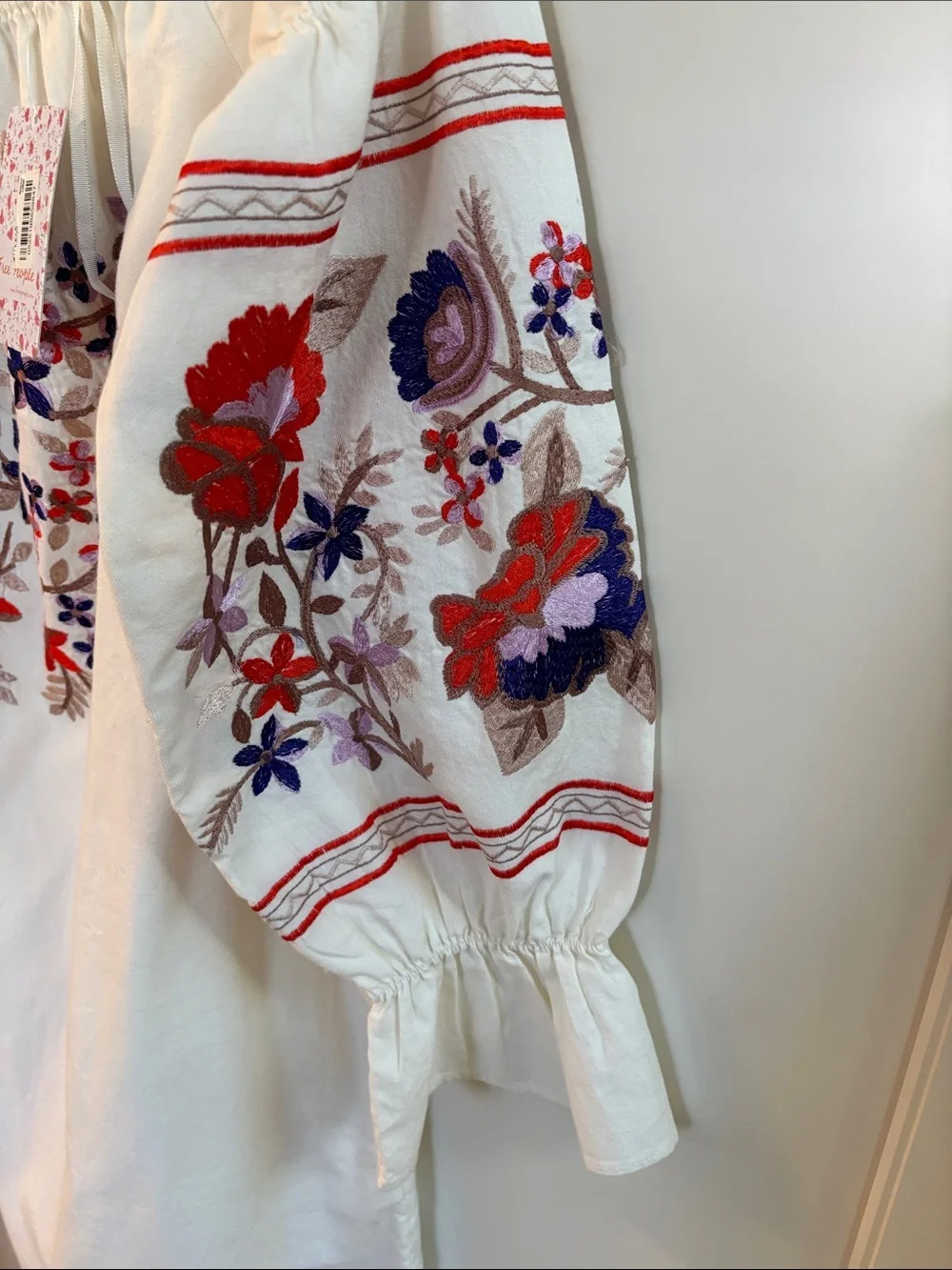 Free People White Peasant Mini Dress with Red and Purple Floral Embroidery